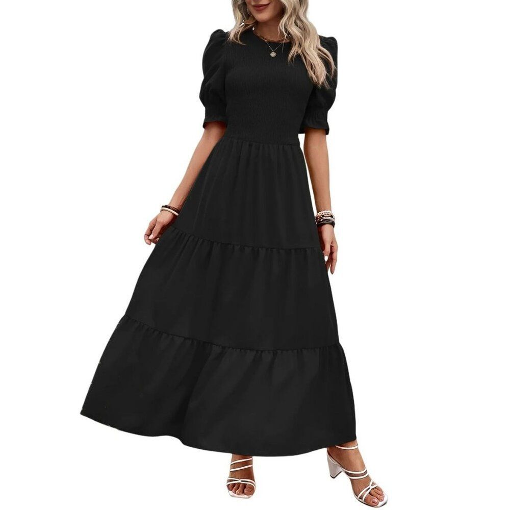 BTFBM Maxi Dress Black Ruffle Short Sleeve Tiered Smocked Boho Flowy Size XL